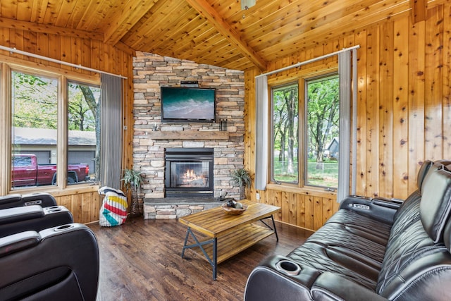 141 Lakeshore Dr, Big Lake, MN 55309 - living room with wooden walls, healthy amount of natural light, wood ceiling, wood finished floors, and a fireplace