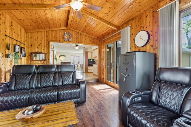 141 Lakeshore Dr, Big Lake, MN 55309 - living area with a ceiling fan, wood finished floors, wood walls, and wood ceiling