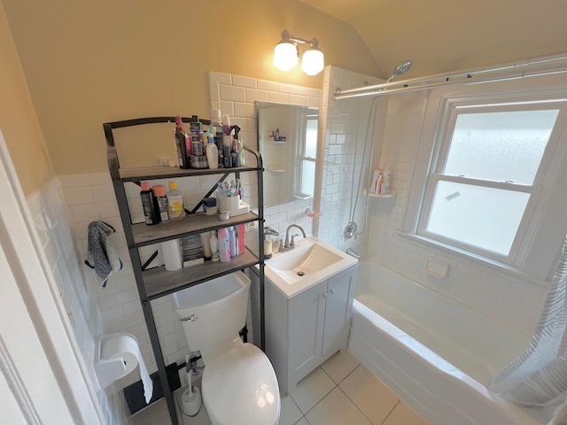 full bathroom with shower / bathtub combination with curtain, vaulted ceiling, toilet, vanity, and tile patterned flooring