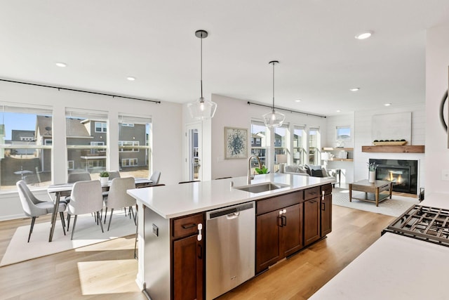 kitchen with light wood finished floors, light countertops, stainless steel dishwasher, and a sink