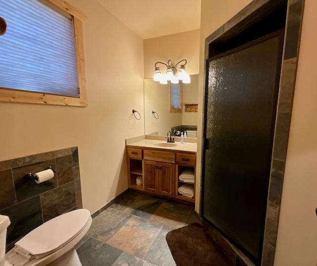 bathroom featuring vanity, toilet, baseboards, and a shower stall