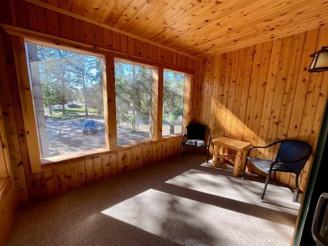 unfurnished room featuring wooden walls, wood ceiling, and carpet floors