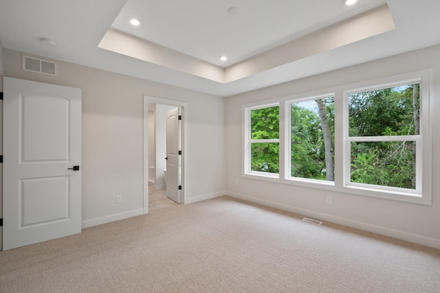 unfurnished bedroom featuring ensuite bath, light colored carpet, and a tray ceiling