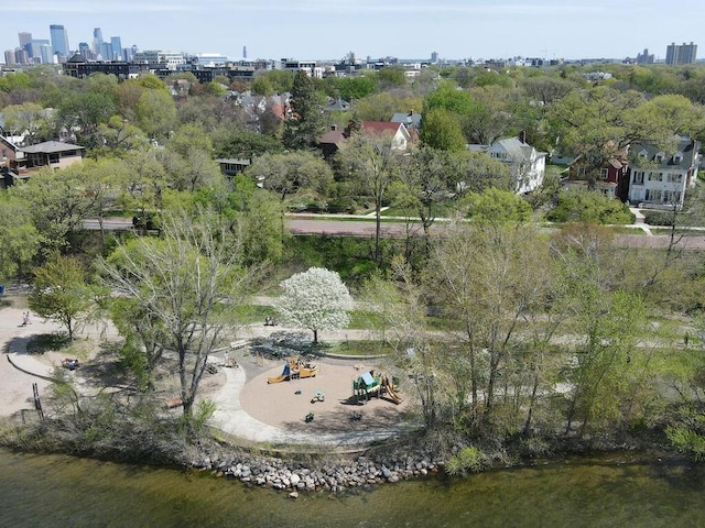 drone / aerial view with a water view