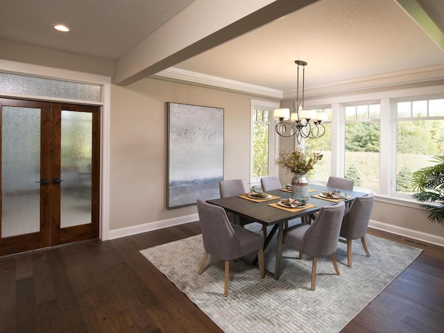 dining area with french doors, dark hardwood / wood-style floors, beamed ceiling, ornamental molding, and a chandelier