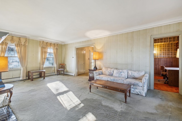 living room featuring carpet floors and crown molding