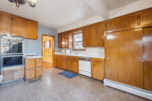 kitchen with beamed ceiling, dishwasher, double oven, and a baseboard radiator