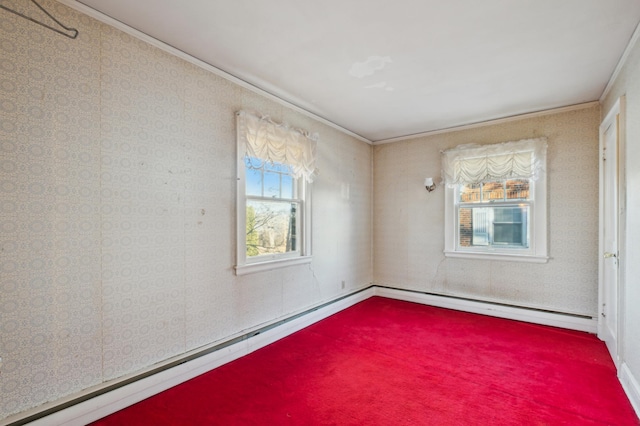 unfurnished room with ornamental molding and a baseboard heating unit