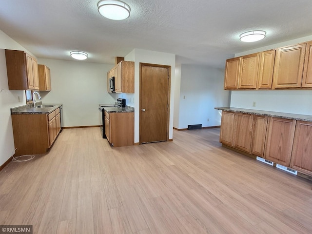 kitchen with light hardwood / wood-style flooring, a textured ceiling, black / electric stove, and sink