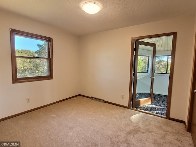 carpeted spare room with a wealth of natural light and a textured ceiling