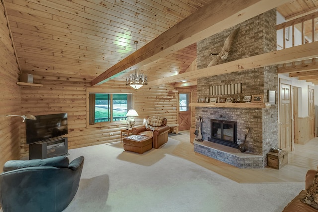 living room with beam ceiling, wooden ceiling, log walls, and a brick fireplace