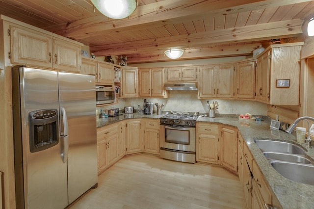 kitchen featuring wooden ceiling, light brown cabinetry, light hardwood / wood-style flooring, sink, and stainless steel appliances