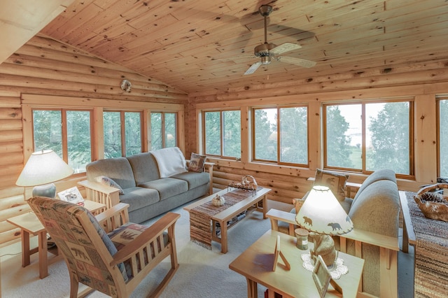 carpeted living room featuring wood ceiling, lofted ceiling, and a wealth of natural light