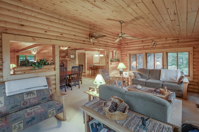 carpeted living room with lofted ceiling, ceiling fan, rustic walls, and wooden ceiling