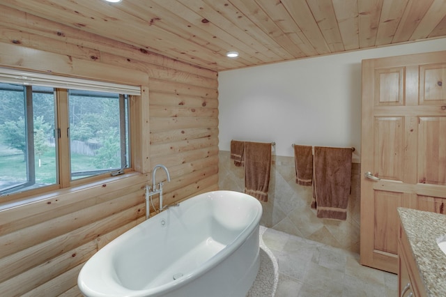 bathroom with vanity, rustic walls, a bath, and wooden ceiling