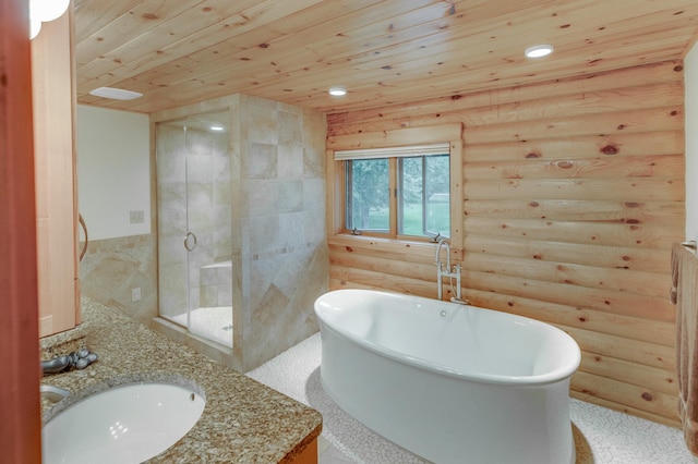 bathroom with vanity, wood ceiling, shower with separate bathtub, and log walls