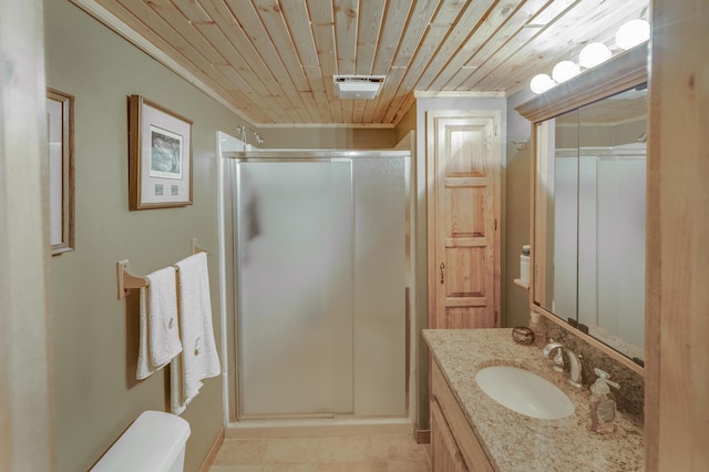 bathroom with vanity, toilet, walk in shower, and wooden ceiling