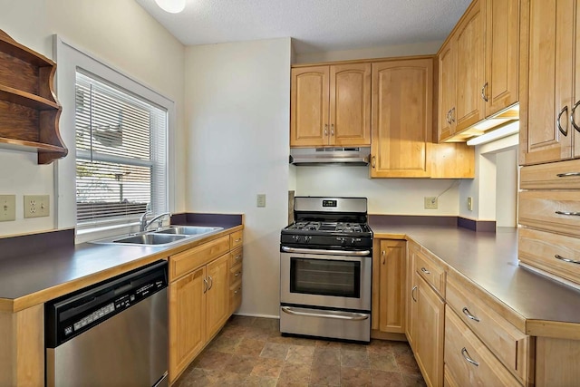 kitchen with a textured ceiling, appliances with stainless steel finishes, and sink