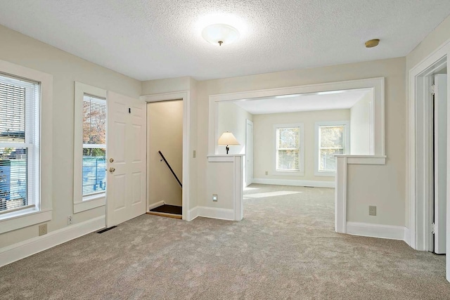 carpeted foyer with a textured ceiling and plenty of natural light