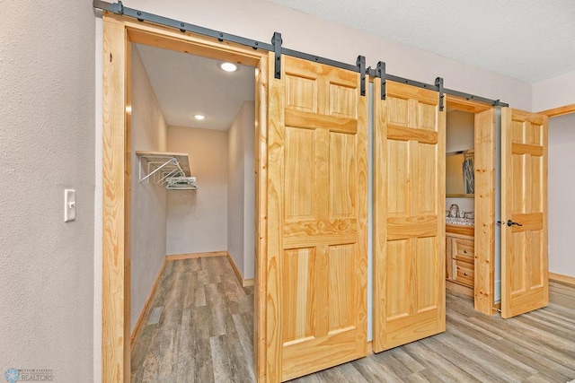 corridor with sink, hardwood / wood-style floors, and a barn door