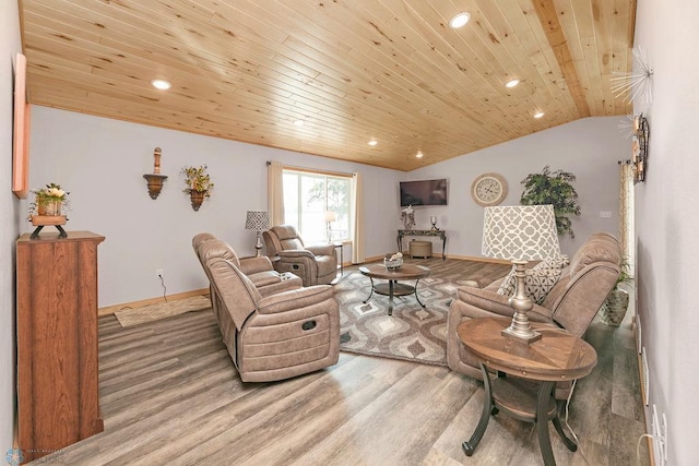 living room featuring wooden ceiling, lofted ceiling, and hardwood / wood-style flooring