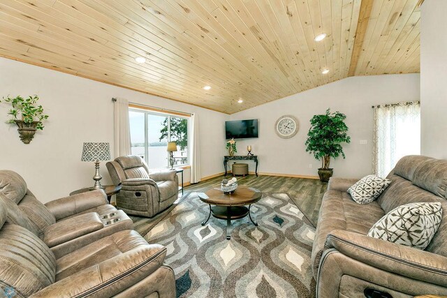 living room with lofted ceiling, hardwood / wood-style flooring, a wealth of natural light, and wooden ceiling