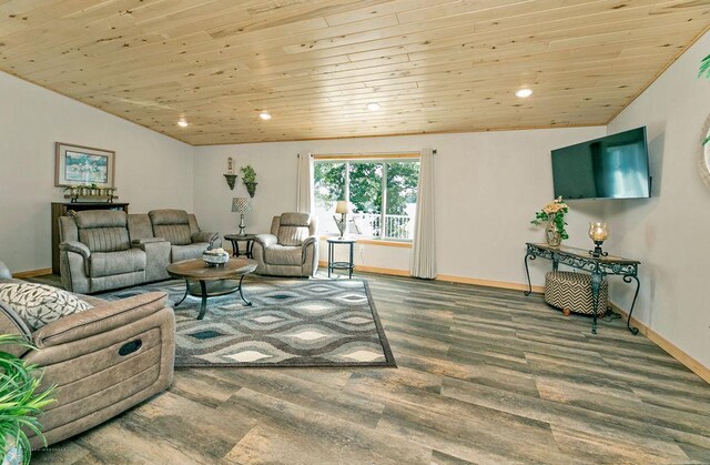 living room with wooden ceiling and lofted ceiling