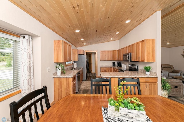 kitchen with sink, vaulted ceiling, kitchen peninsula, wood ceiling, and appliances with stainless steel finishes