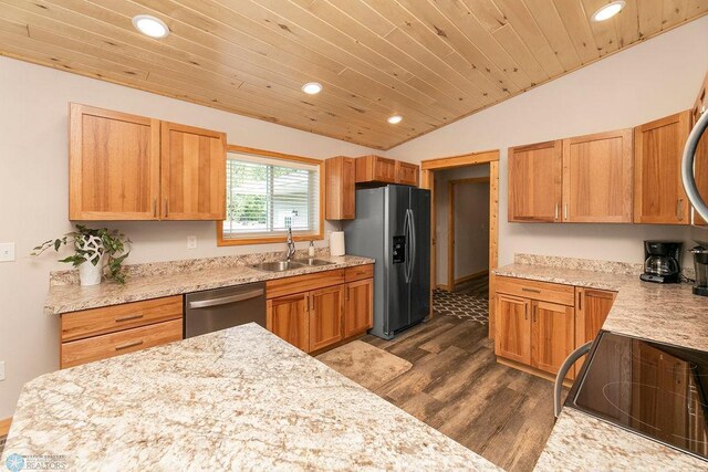 kitchen with vaulted ceiling, wooden ceiling, stainless steel appliances, dark hardwood / wood-style flooring, and sink