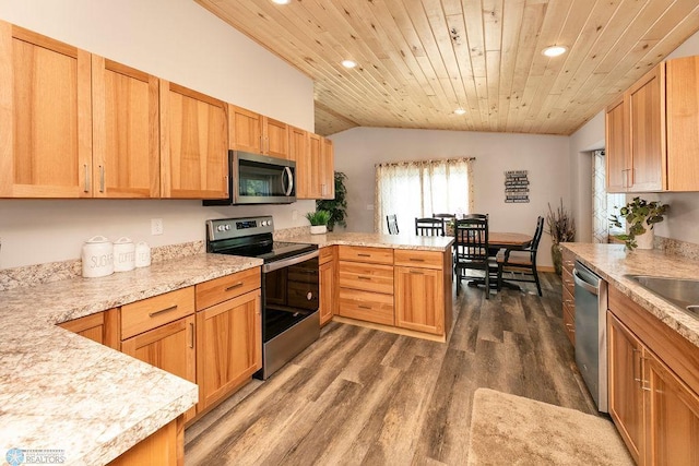 kitchen with kitchen peninsula, lofted ceiling, dark hardwood / wood-style flooring, appliances with stainless steel finishes, and wooden ceiling