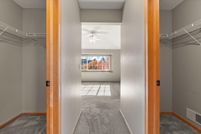 spacious closet with carpet flooring and ceiling fan