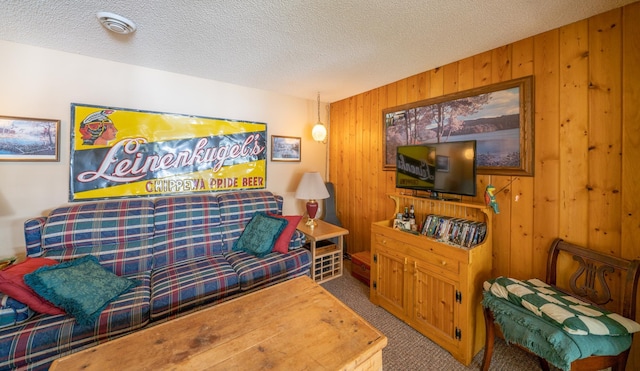 34779 County Road 39, Pequot Lakes, MN 56472 - living area featuring carpet flooring, wooden walls, and a textured ceiling