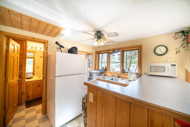 34779 County Road 39, Pequot Lakes, MN 56472 - kitchen with white appliances, a ceiling fan, a sink, light flooring, and light countertops
