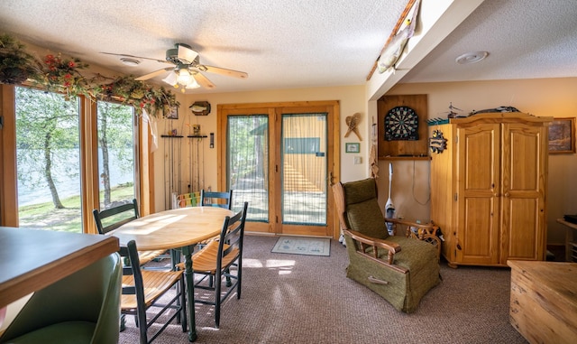 34779 County Road 39, Pequot Lakes, MN 56472 - dining area featuring a textured ceiling, ceiling fan, and carpet floors