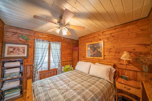 34779 County Road 39, Pequot Lakes, MN 56472 - bedroom featuring wooden ceiling, wood walls, wood finished floors, and a ceiling fan