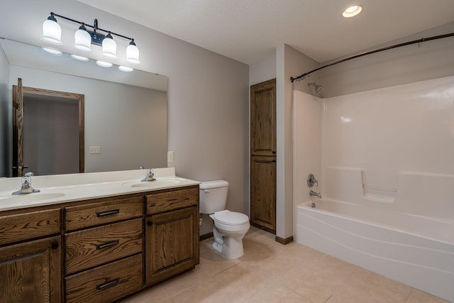 full bathroom featuring vanity, toilet, shower / bathing tub combination, and tile patterned flooring