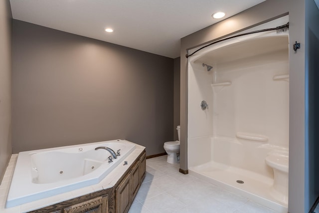 bathroom featuring toilet, independent shower and bath, and tile patterned flooring