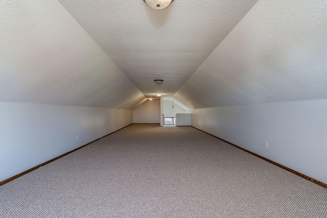 additional living space featuring a textured ceiling, vaulted ceiling, and carpet floors