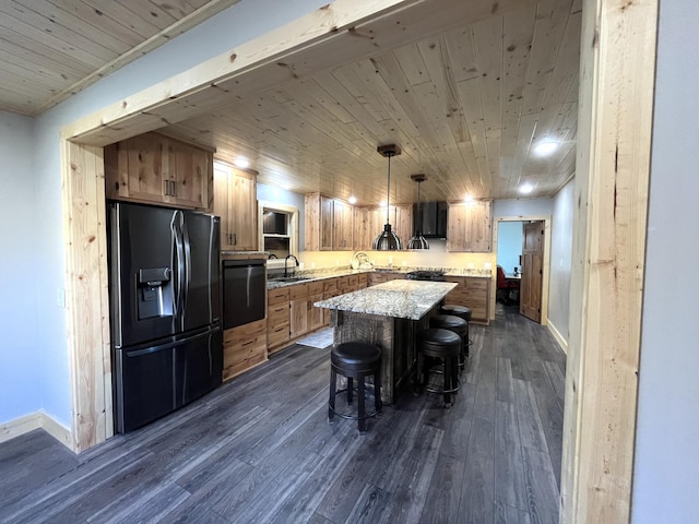 8291 Boy Lake Dr NE, Remer, MN 56672 - kitchen with fridge with ice dispenser, wooden ceiling, a sink, oven, and a breakfast bar area