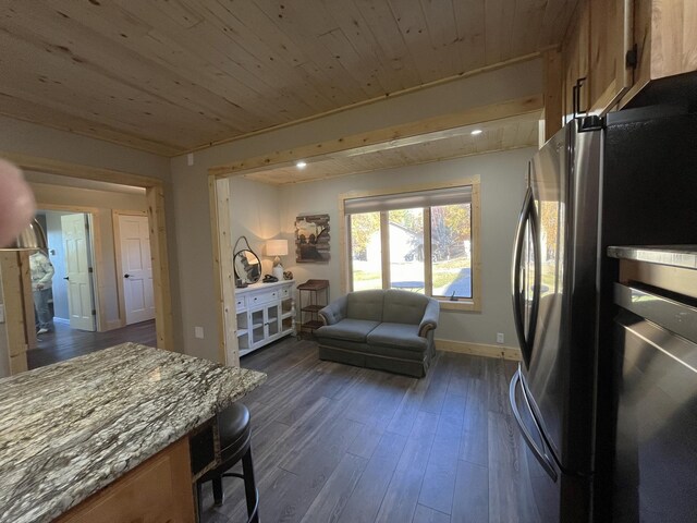 8291 Boy Lake Dr NE, Remer, MN 56672 - living area with dark wood-style flooring, wooden ceiling, and baseboards
