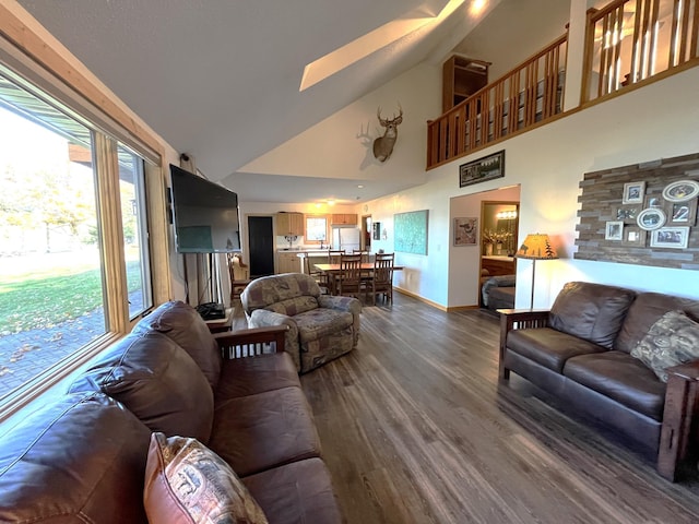 8291 Boy Lake Dr NE, Remer, MN 56672 - living room featuring baseboards, high vaulted ceiling, dark wood-style floors, and a skylight