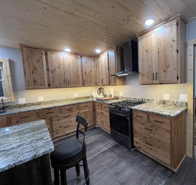 8291 Boy Lake Dr NE, Remer, MN 56672 - kitchen featuring gas range, wall chimney range hood, wood ceiling, dark wood-style floors, and light brown cabinets
