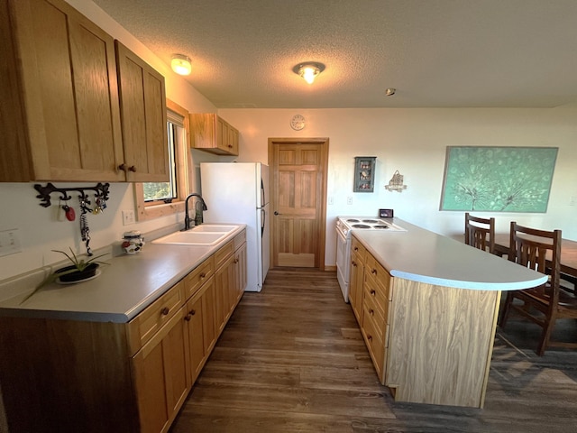 8291 Boy Lake Dr NE, Remer, MN 56672 - kitchen featuring white appliances, a sink, dark wood finished floors, light countertops, and a textured ceiling
