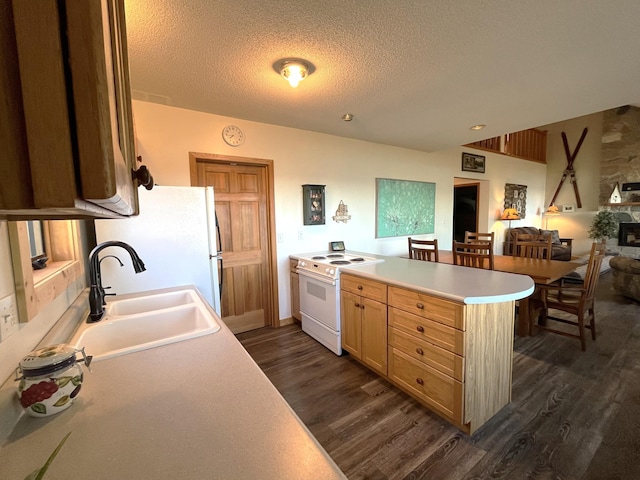 8291 Boy Lake Dr NE, Remer, MN 56672 - kitchen featuring white appliances, dark wood-type flooring, a sink, light countertops, and a textured ceiling
