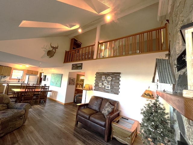8291 Boy Lake Dr NE, Remer, MN 56672 - living room with dark wood-type flooring, high vaulted ceiling, and baseboards