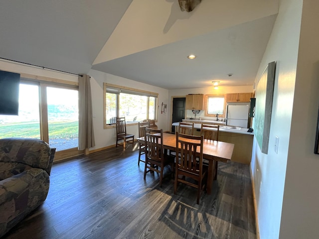 8291 Boy Lake Dr NE, Remer, MN 56672 - dining area with wood finished floors, high vaulted ceiling, ceiling fan, baseboards, and recessed lighting