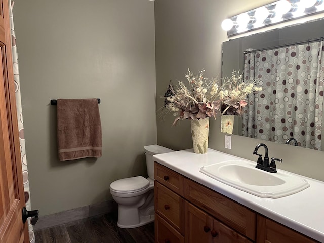 8291 Boy Lake Dr NE, Remer, MN 56672 - bathroom featuring toilet, wood finished floors, vanity, and curtained shower