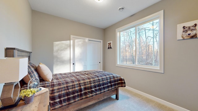 bedroom featuring carpet and a closet