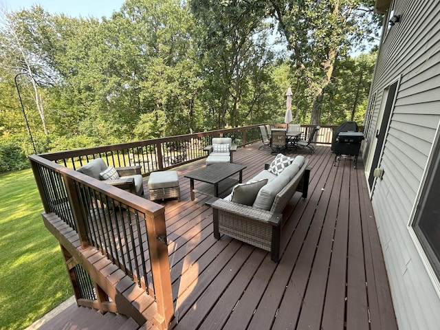 wooden deck featuring an outdoor living space