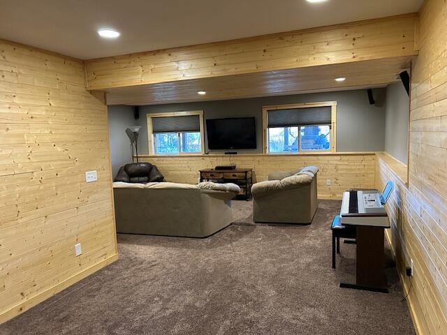 carpeted living room with wood walls and a healthy amount of sunlight